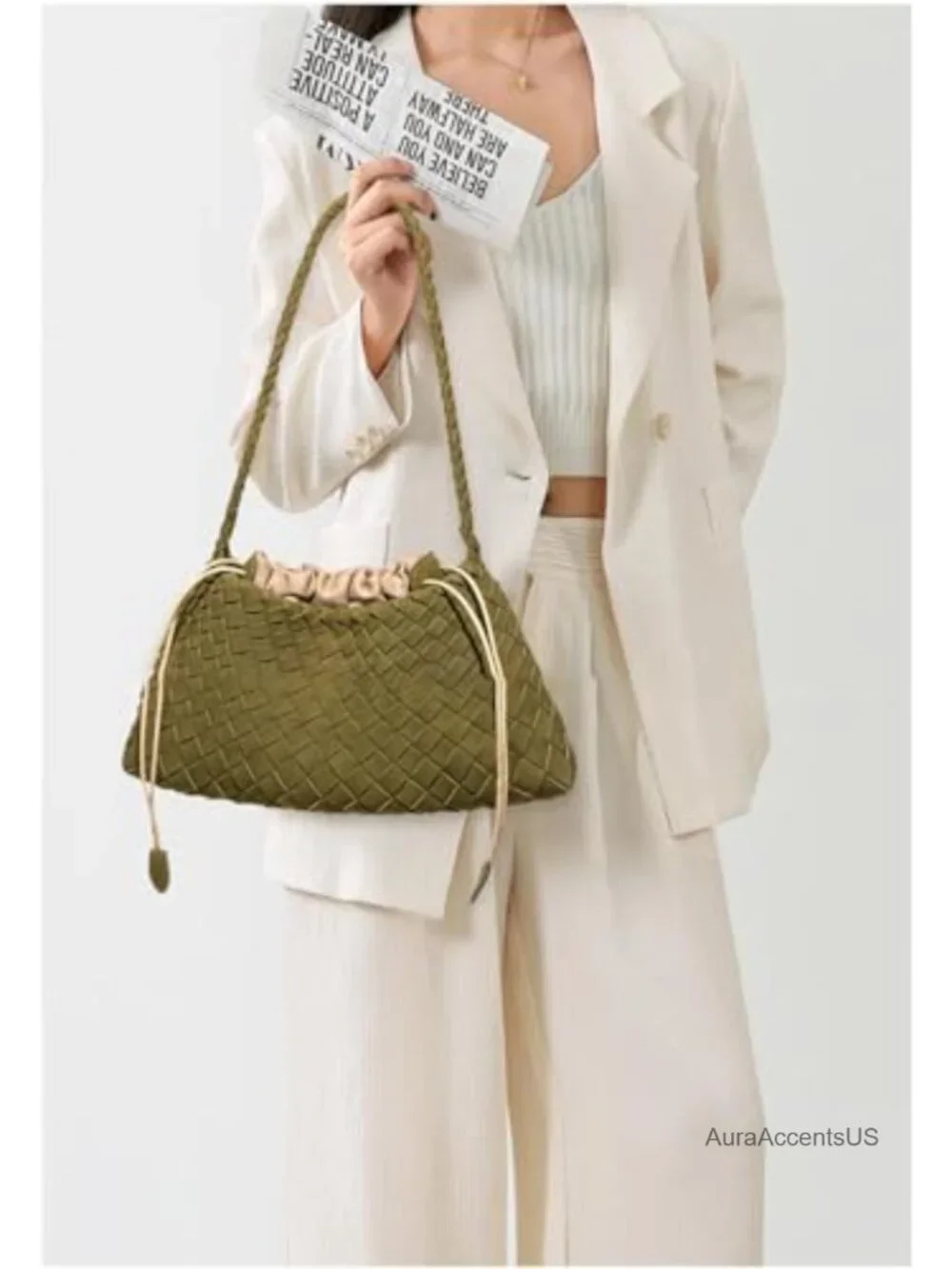 Slouchy Woven Hobo Bag Women's Suede Shoulder Purse Tote Faux Leather